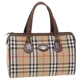 Burberry-Burberrys Nova Bolsa Check Hand Bag Nylon Couro Bege Auth 49816-Marrom