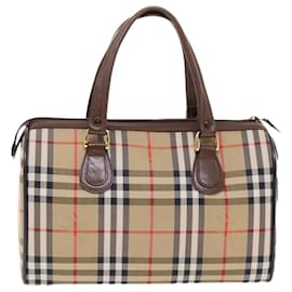 Burberry-Burberrys Nova Check Hand Bag Nylon Leather Beige Auth 49816-Brown