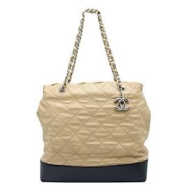 Chanel-Light Brown and Black Quilted Tote Bag in Silver Hardware-Brown