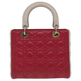 Christian Dior-Christian Dior Lady Dior Cannage Medium Hand Bag Lamb Skin Red White Auth 29502A-Red