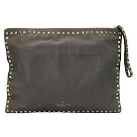 Valentino-Brown Leather Large Rockstud Clutch-Brown