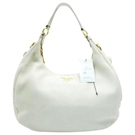 Prada-Elfenbein/Cremefarbene Hobo-Tasche aus genarbtem Leder-Weiß,Roh