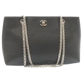 Chanel-CHANEL Bolso de hombro con cadena de piel de caviar Cuero Negro CC Auth 28395UNA-Negro