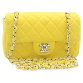 Chanel-CHANEL Matelassê Bolsa tiracolo com aba e fecho amarelo CC Auth 34513UMA-Amarelo