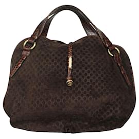 Céline-CÃ¨line Vintage Brown Leather Embossed Bag-Brown