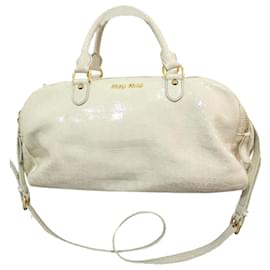 Miu Miu-Sac bowling en cuir verni embossé croco-Blanc,Écru