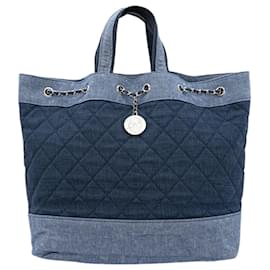 Chanel-Denim Drawstring Tote Bag-Blue