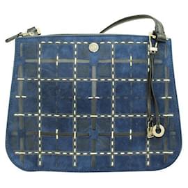 Loro Piana-Leather and Suede Dark Blue Checked Shoulder Bag-Blue,Navy blue