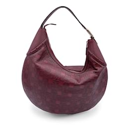 Gucci-Burgundy Embossed Leather Glam Horsebit Hobo Shoulder Bag-Dark red