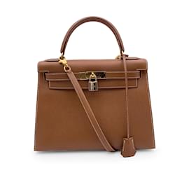 Hermès-Hermes Vintage Beige Leather Kelly 28 cm Sellier Bag Handbag-Beige