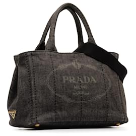 Prada-Prada Black Canapa Logo Denim Satchel-Black