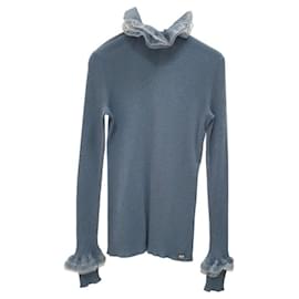 Chanel-Chanel Grey Blue Wool Knit & Mesh Ruffled Turtleneck Sweater-Grey