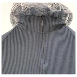 Chanel-Chanel Grey Blue Wool Knit & Mesh Ruffled Turtleneck Sweater-Grey