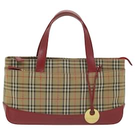 Burberry-BURBERRY Nova Check Hand Bag Canvas Beige Red Auth 65428-Red,Beige