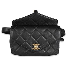 Chanel-Chanel Bolso de cintura con solapa elegante y acolchado en piel de becerro negra de Chanel-Negro