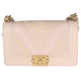 Chanel-Chanel Beige Caviar Suede Calfskin Chevron Medium Boy Handbag-Pink,Beige