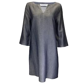 Autre Marque-Amina Rubinacci Dark Blue / Silver Metallic Shimmer Denim Chambray Dress-Blue
