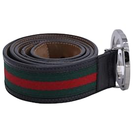 Gucci-Gucci GG Buckle Striped Belt in Multicolor Canvas and Leather-Multiple colors