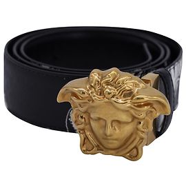 Versace Gürtel mit Blumenmuster aus schwarzem Leder Schwarz