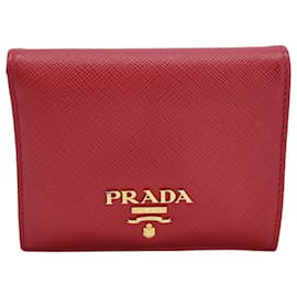 Prada-Prada Small Bi-Fold Wallet in Red Saffiano Leather-Red