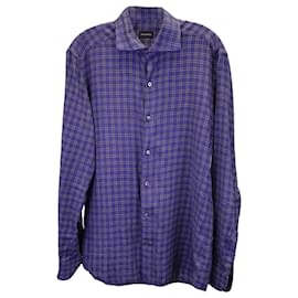 Ermenegildo Zegna-Ermenegildo Zegna Checkered Long Sleeve Shirt in Blue Cotton-Blue