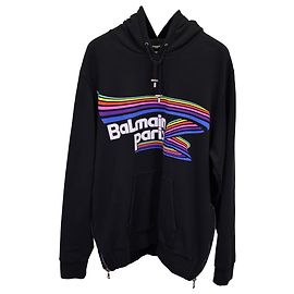 Balmain Kapuzenpullover mit Regenbogen-Logo aus schwarzer Baumwolle Schwarz