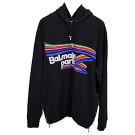 Balmain-Balmain Kapuzenpullover mit Regenbogen-Logo aus schwarzer Baumwolle-Schwarz