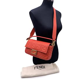 Fendi-Orange Red Embossed FF Logo Leather Baguette Shoulder Bag-Orange