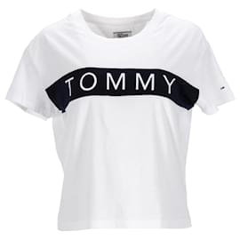 Tommy Hilfiger-T-shirt corta da donna con logo-Bianco