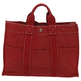 Hermès-Sacola HERMES Deauville MM em lona vermelha Auth 65875-Vermelho