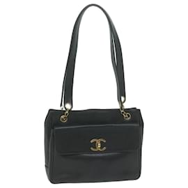 Chanel-CHANEL Chain Turn Lock Shoulder Bag Caviar Skin Black CC Auth ar11351-Black
