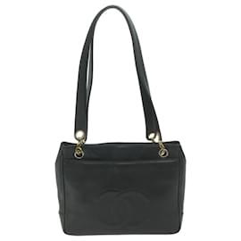 Chanel-CHANEL Bolsa de Ombro com Corrente Turn Lock Pele de Caviar Preto CC Auth ar11351-Preto