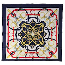 Hermès-HERMES CARRE 90 Eperon d'or Tellier Scarf Silk Navy Auth am5718-Navy blue