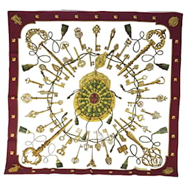 Hermès-HERMES CARRE 90 LE Cles Scarf Silk Red Auth am5719-Red