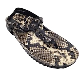 Autre Marque-Pedro Garcia Beige / Black Spiked T-Strap Flat Snakeskin Leather Sandals-Multiple colors