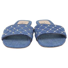 Valentino Blue Denim Rockstod Flache Slides Blau