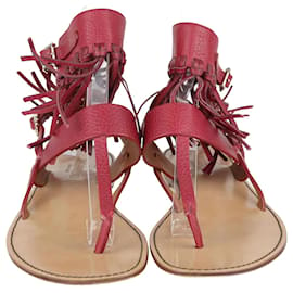 Valentino-Valentino Burgundy Fringe Detail Ankle Wrap Flat Sandals-Dark red
