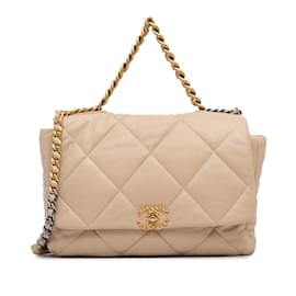 Chanel-Beige Chanel Maxi Lambskin 19 Flap Satchel-Beige