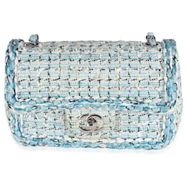 Chanel-Mini sac à rabat rectangulaire en tweed blanc bleu métallisé Chanel-Bleu