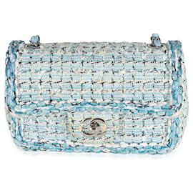 Chanel-Chanel Metálico Azul Branco Tweed Mini Bolsa Retangular com Aba-Azul