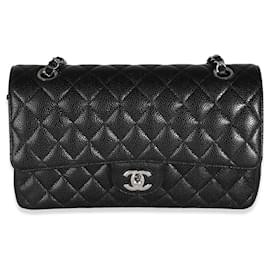 Chanel-Chanel Black Quilted Caviar Medium Sac à rabat doublé classique-Noir