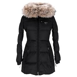 Prada-Prada Down Jacket with Fur Hood in Black Nylon-Black