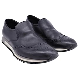 Prada-Prada Brogue-Style Slip-On Sneakers in Black Calfskin Leather-Black