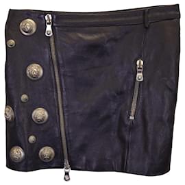 Versace-Versus Versace Lion Head Studs Zipped Skirt in Black Calfskin Leather-Black