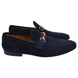 Gucci-Gucci Web Horsebit Loafers in Navy Blue Suede-Blue,Navy blue