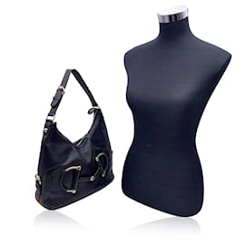 Gucci-Black Leather Heritage Horsebit Hobo Shoulder Bag-Black