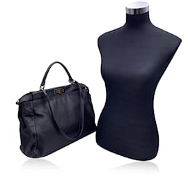 Fendi-Black Leather Large Peekaboo Tote Top Handle Shoulder Bag-Black