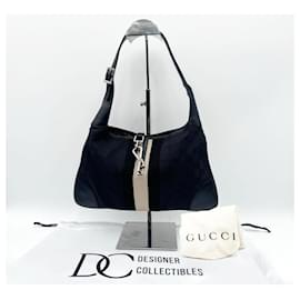 Gucci-Gucci Jackie Schwarz Beige Canvas Leder Schultertasche-Beige,Marineblau