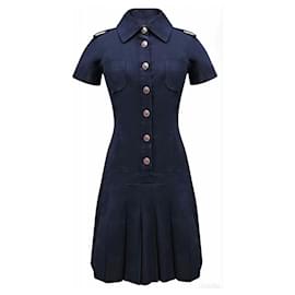 Chanel-CC Buttons Navy Pleated Dress-Navy blue