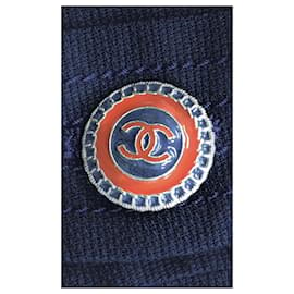 Chanel-Vestido plissado Navy com botões CC.-Azul marinho
